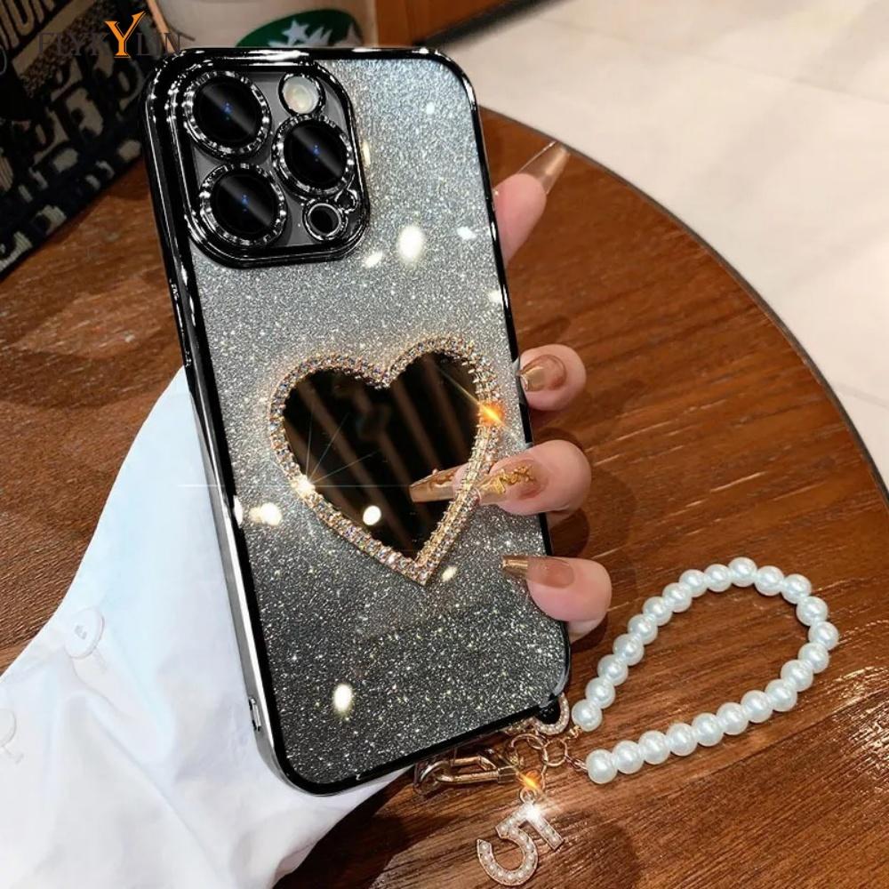 Роскошный чехол для телефона с зеркалом любви и бриллиантами для Xiaomi Redmi Note 14 13 Pro Plus 5G 4G 14S 14 13 Pro, шнурок для подвешивания с жемчужным сердцем