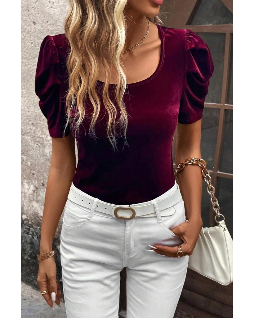 Azura Exchange Burgundy Short Puff Sleeve Velvet Top