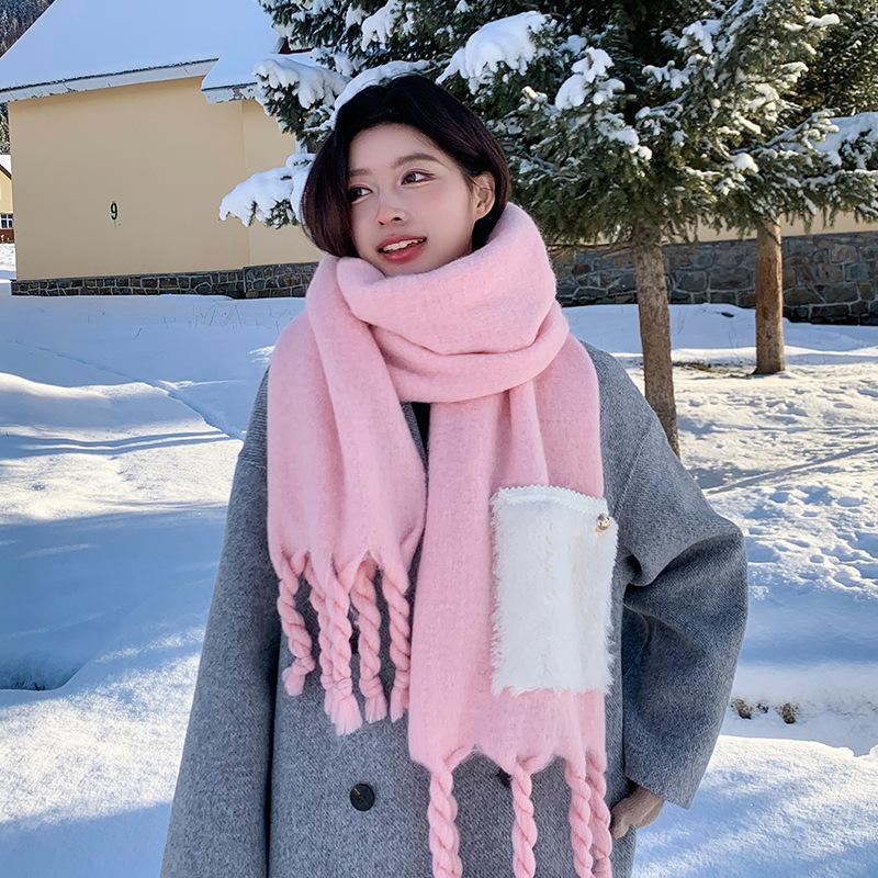 Fixed Dyeing Haze Blue~ Premium Hair Sensing Pocket Scarf Women's Winter Wool Shawl Thickened Plush Scarf