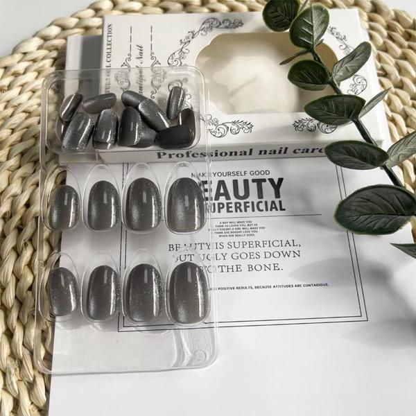 24 шт., серые кошачьи глаза, накладные ногти, средние глянцевые накладные ногти, блестящие акриловые накладки с полным покрытием, готовые кончики ногтей для женщин