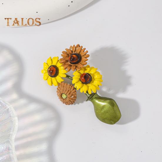 Women Brooch Sunflower Vase Shape Retro Enamel Anti-slip Polished Coat Collar Bag Scarf Hat Decoration Clothes Pin Party Banquet Clothing Jewelrys