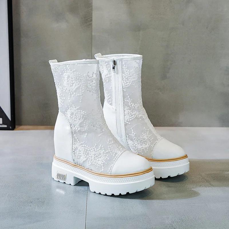 Модные модные роскошные белые кружевные сапоги женские летние высокие сапоги женские повседневные туфли на плоской платформе Botas De Mujer