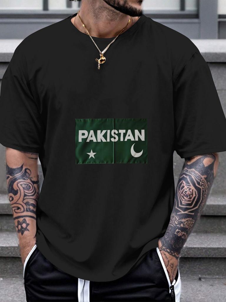 1pc Pakistan Flag Graphic Black T-shirt - 180g Cotton Crew Neck Short Sleeve