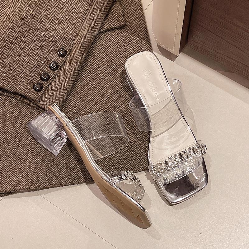 Fashion Summer New Coarse Heel Sandals Women Fashion Square Head Rhinestone Transparent Strap Anti-slip Wear-resistant Slippers