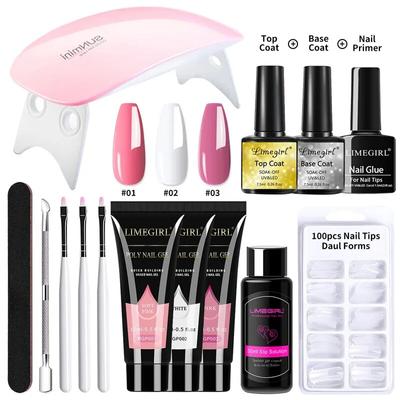 Limegirl Poly Nail Gel Kit Набор для маникюра с УФ-светодиодной лампой и базовым верхним покрытием Типсы для ногтей Отвержденный гель-лак для дизайна ногтей