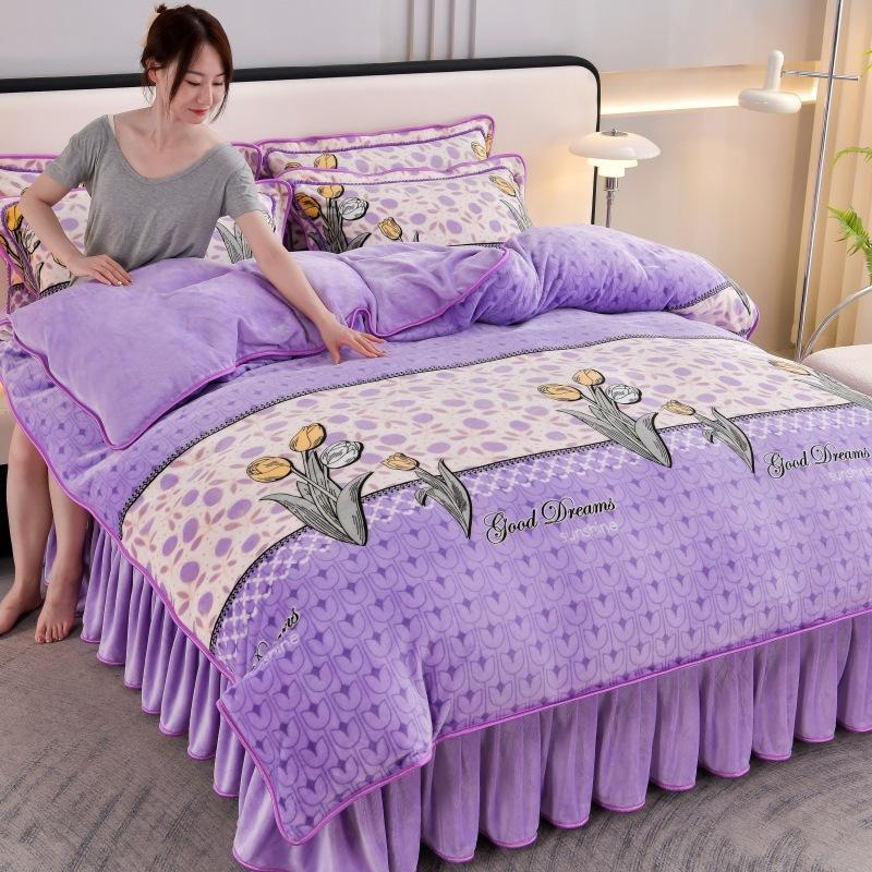 Light luxury high-end thickened milk fleece four-piece set, winter warm quilt cover, double-sided coral fleece anti-static three-piece set