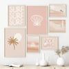 Modern Landscape Poster Surf Ride Waves Pink Seashell Canvas Painting Palm Tree Wall Art Pictures Minimalist Boho for Home Decor