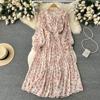 Fresh V Neck Long Sleeves Pleated Floral Dress