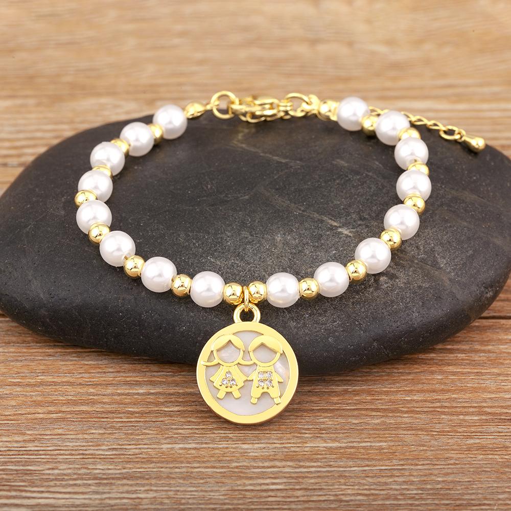 Nidin High Quality Round Shape Girl Boy Pearl Beads Zircon Hand Bracelets For Female Son Daughter Cute Jewelry Mother's Day Gift