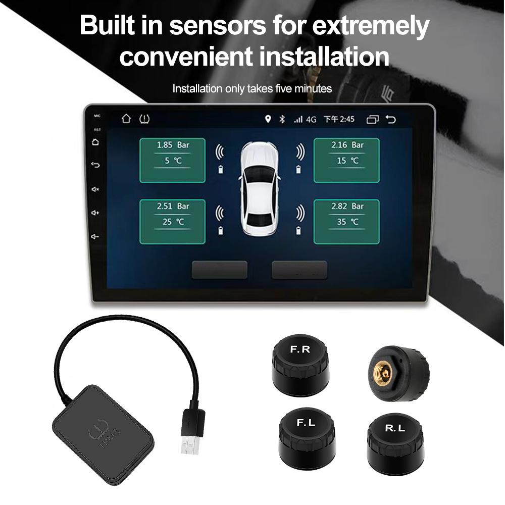 Автомобильная система контроля давления в шинах TPMS USB IP67 водонепроницаемая с 4 внешними датчиками поддержка беспроводной передачи данных Android