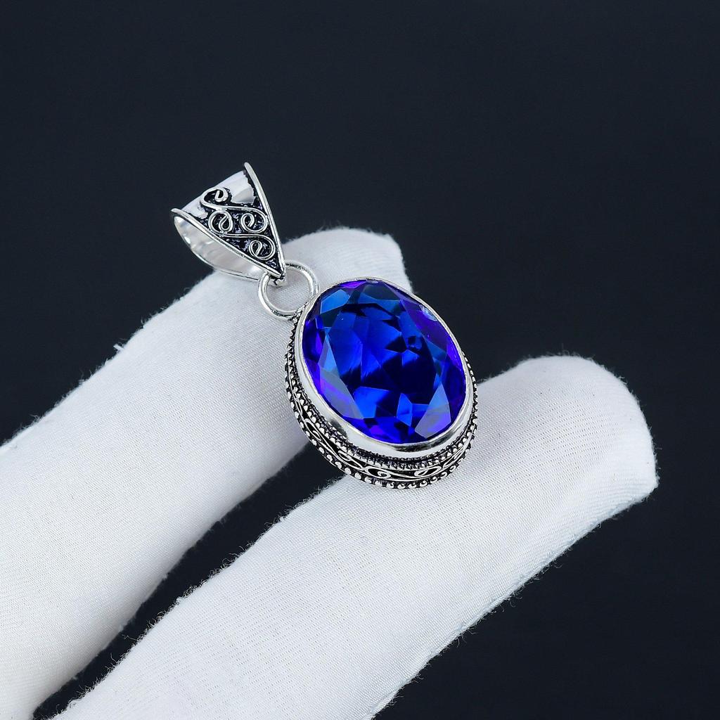 Dainty Blue Sapphire Gemstone Silver Pendant In 925 Sterling Silver - Handmade Oval Design, Everyday Wear Jewelry Party Wear Gift