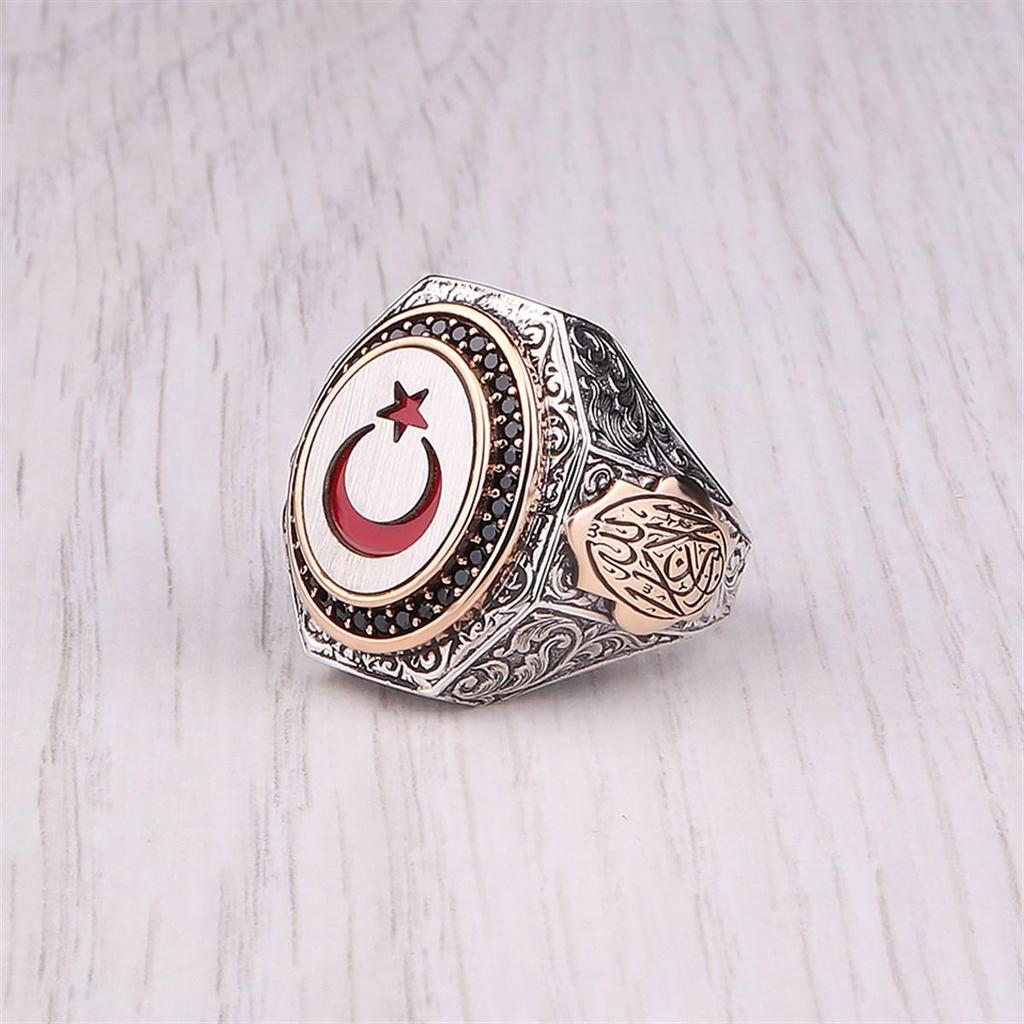 Кольцо с полумесяцем и звездой с вышитым исламским письмом, аксессуар из стерлингового серебра 925 пробы, лучший подарок для него
