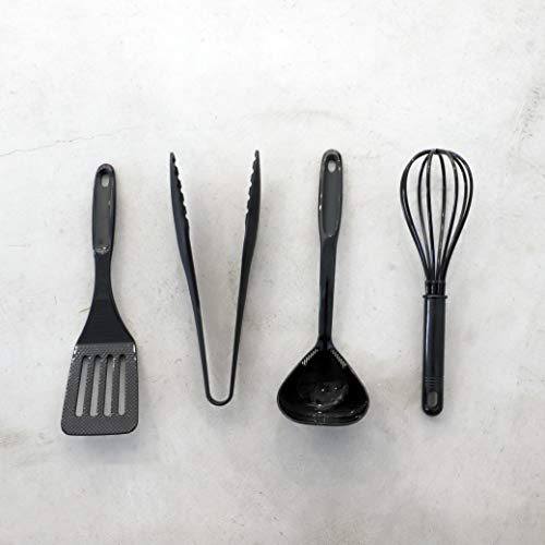 [BLKP] Pearl Metal 4-Piece Kitchen Tool Set (Black, G-8126) - Made In Japan: Spatula, Ladle, Tongs, and Whisk, Nylon. Limited Edition.
