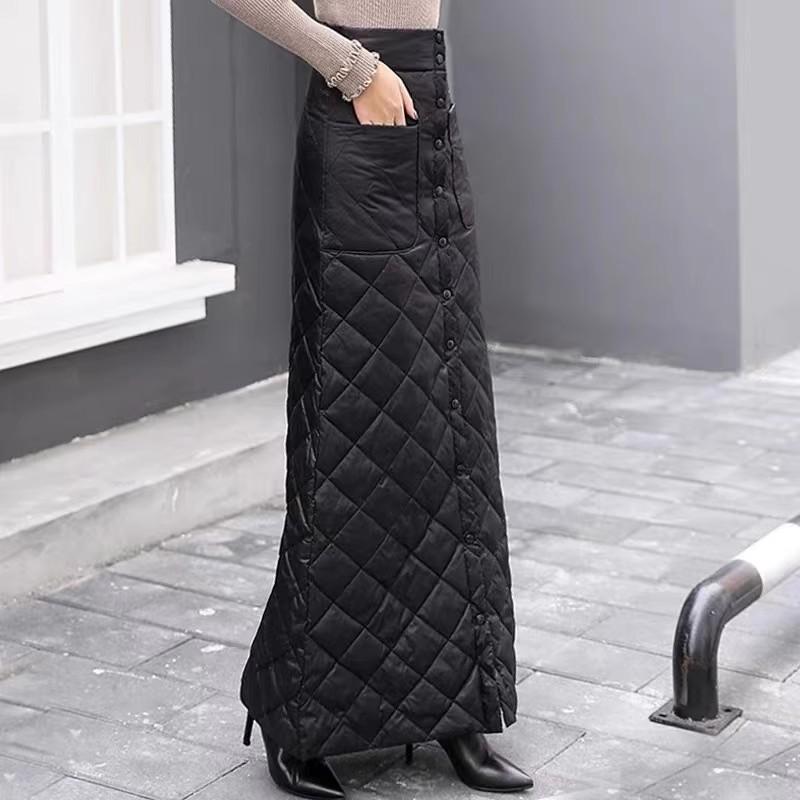 Зимняя женская пуховая юбка с хлопковой подкладкой, утолщенная ветрозащитная теплая длинная юбка с пуговицами, стеганая хлопковая юбка-трапеция, большие размеры