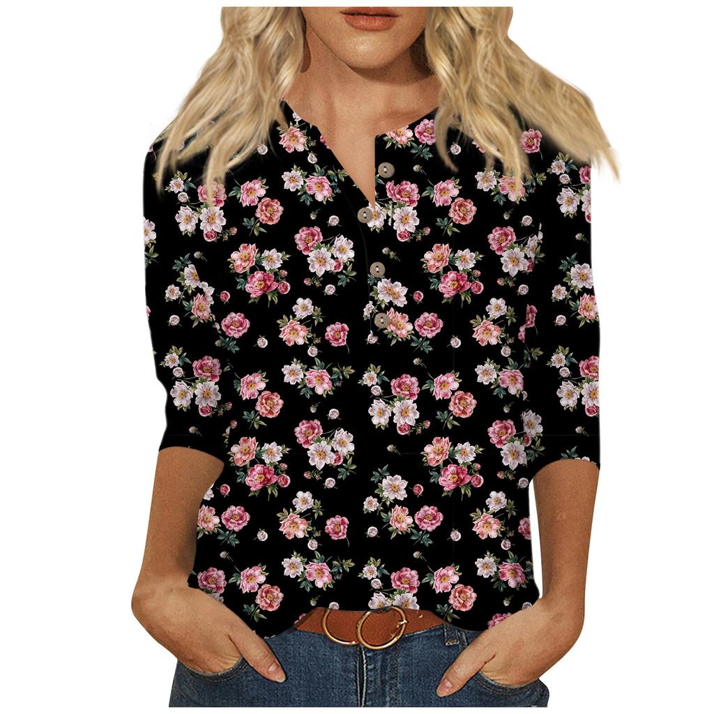 3/4 Sleeve Shirts For Women Cute Flowers Print Graphic Tees Blouses Casual Plus Size Basic Tops Pullover