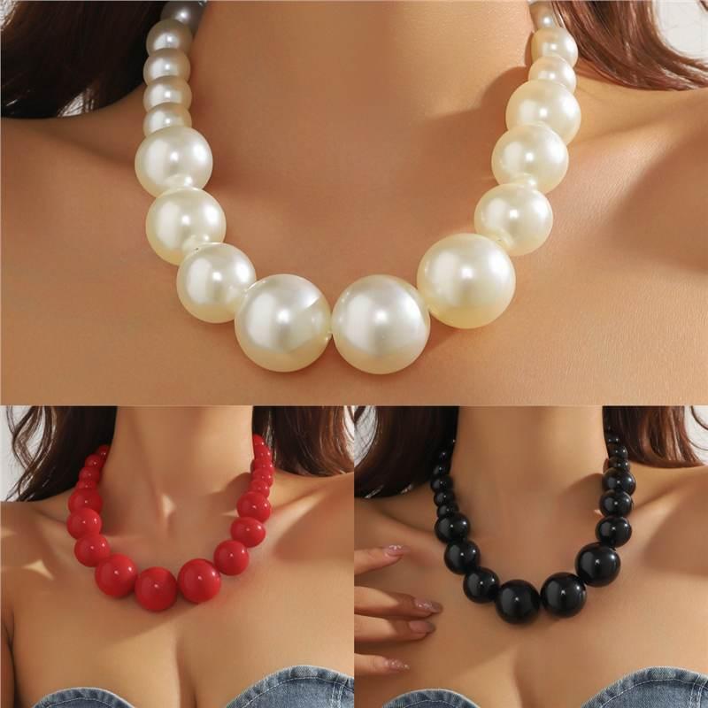 Women Big Imitation Pearl Choker Necklace and 3Pcs Set White Pearl Beaded Earrings for Valentine Night