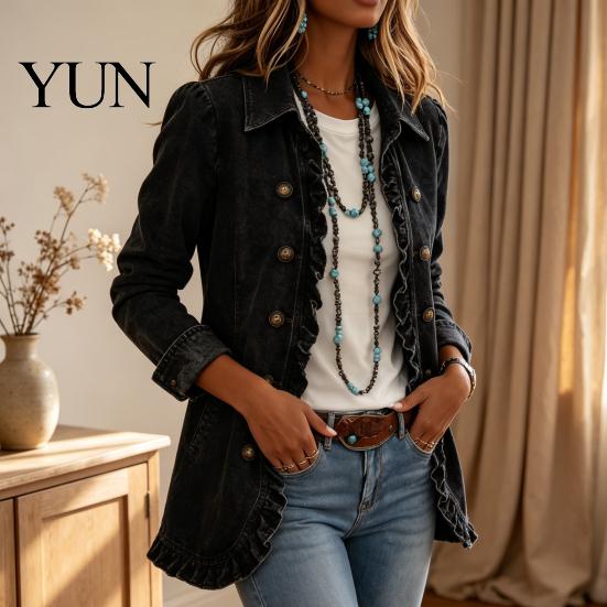 Floral Embellished Blazers Women Bohemia Jacket, Turndown Collar Ruffled Open Front Coat, with Pleats Slim Fit Casual Long Sleeve Outwear for