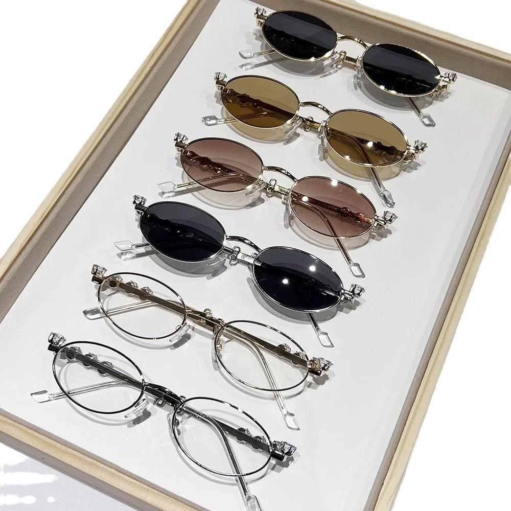 New Fashionable Metal Inlaid Diamond Elliptical Frame Women Sunglasses Retro Luxury UV400 Sunscreen Glasses