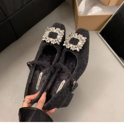 Французские вечерние туфли-лодочки на низком каблуке черного цвета женские туфли 2025 осень и зима со стразами квадратный носок плюшевые Мэри Джейн пушистые туфли