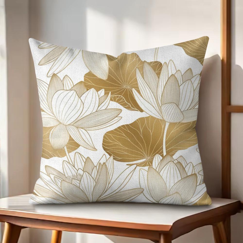 Golden Flower Cushion Cover Natural Linen Organic Fabric DoubleSided Printing Couch Pillow Covers Home Decor Gift