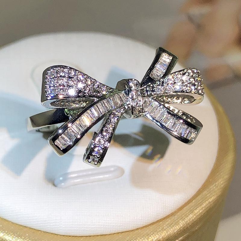 925 Sterling Silver High Quality Bow Bow Bow Bow Zircon Ring Women's Fashion Party Birthday Jewelry Rings