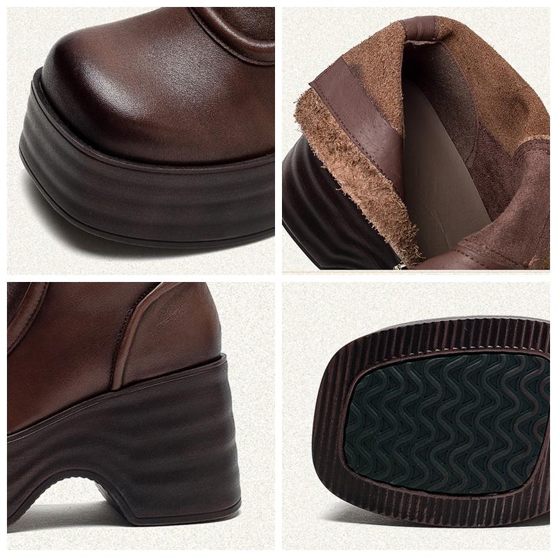 Fashion GKTINOO 7cm Woman Cow Genuine Leather Autumn Ankle Boots Spring Booties Ethnic Rero Moccasins Platform Wedge Chunky Heels Shoes