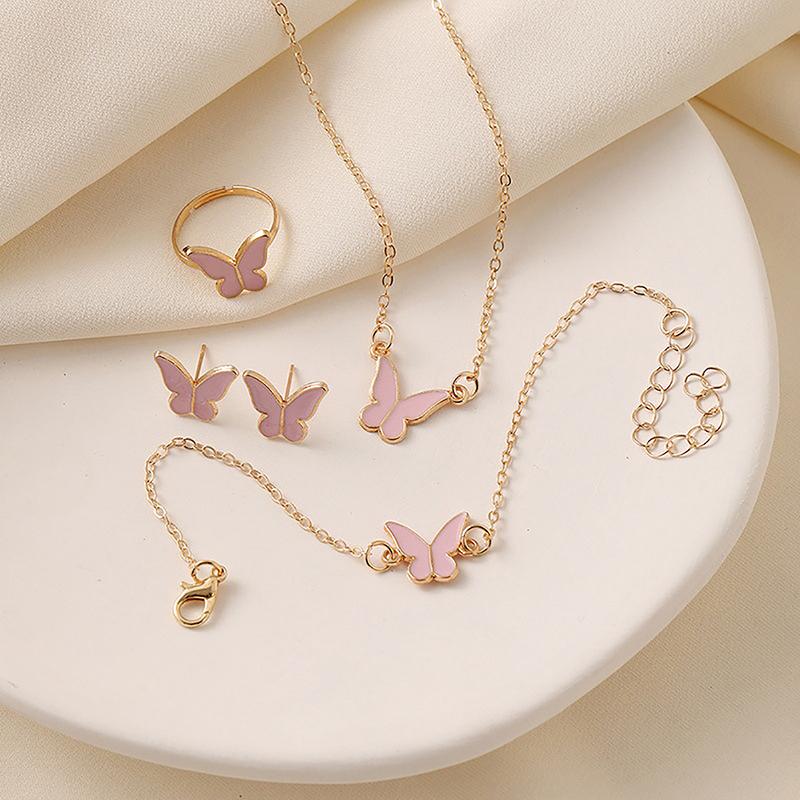 1Set Fashion Exquisite Simple Versatile Butterfly Necklace Bracelet Earrings Ring For Women Girls Wedding Party Jewelry Set Gift