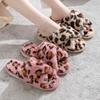 Women Winter House Cross Furry Slippers Non-Slip Casual Indoor Flats Floor Shoes Ladies Fashion Leopard Open Toe Warm Fur Slides