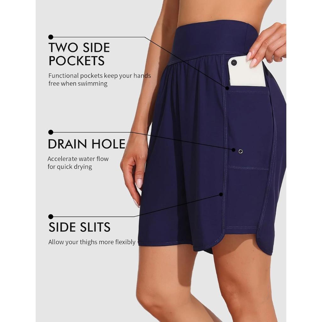 CHARMLEAKS Women's 6" Swim Shorts High Waisted Board Shorts with Pockets Quick Dry UPF50+ Swimsuit Bottoms Built-in Brief