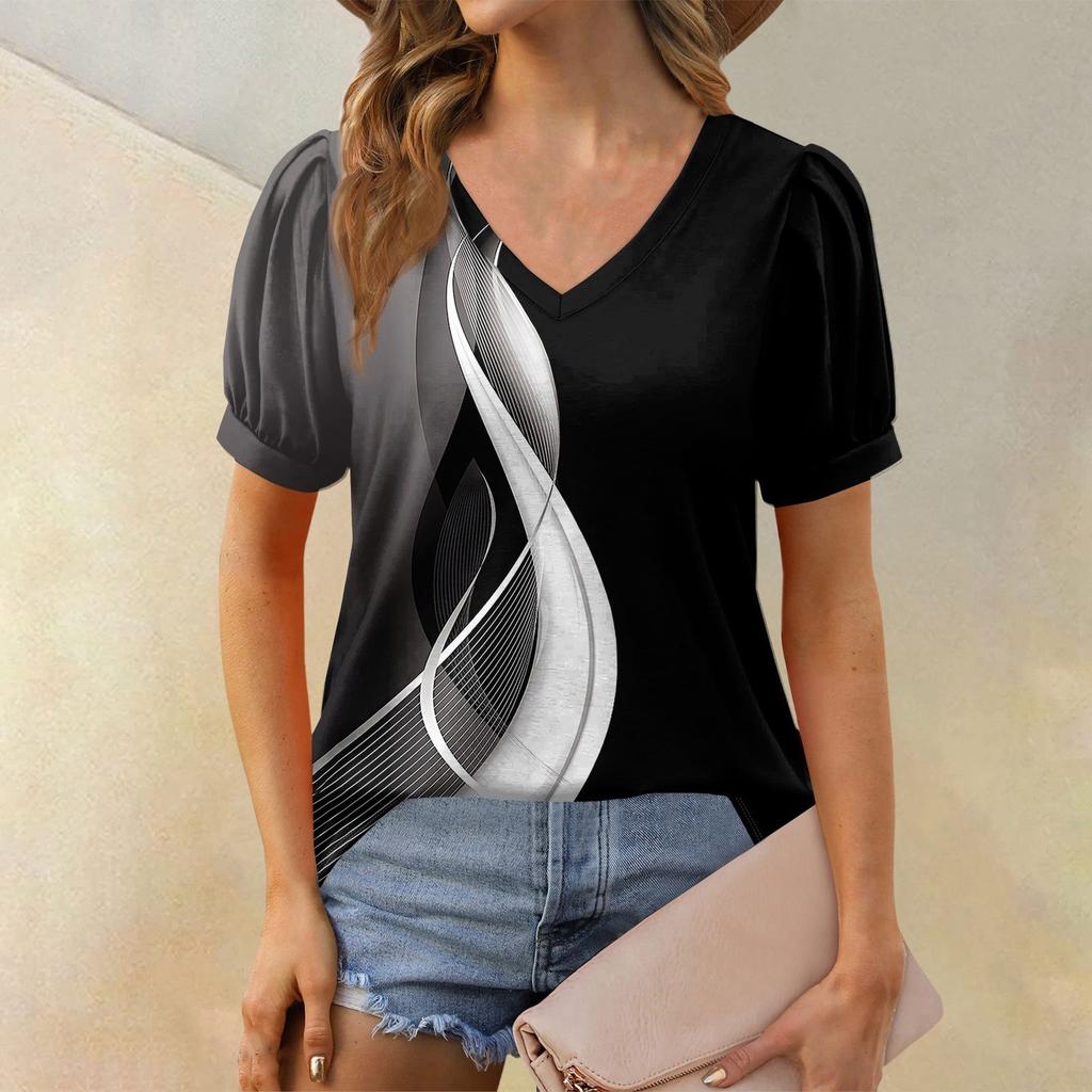 Женская модная футболка с коротким рукавом и V-образным вырезом, с принтом в стиле пэчворк, с цветными блоками, свободная повседневная футболка