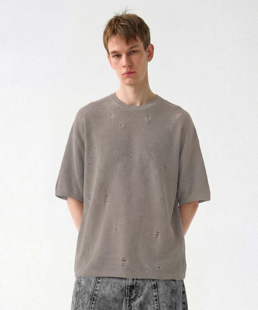 CUTZ Distressed Crew Neck Short Sleeve Knit