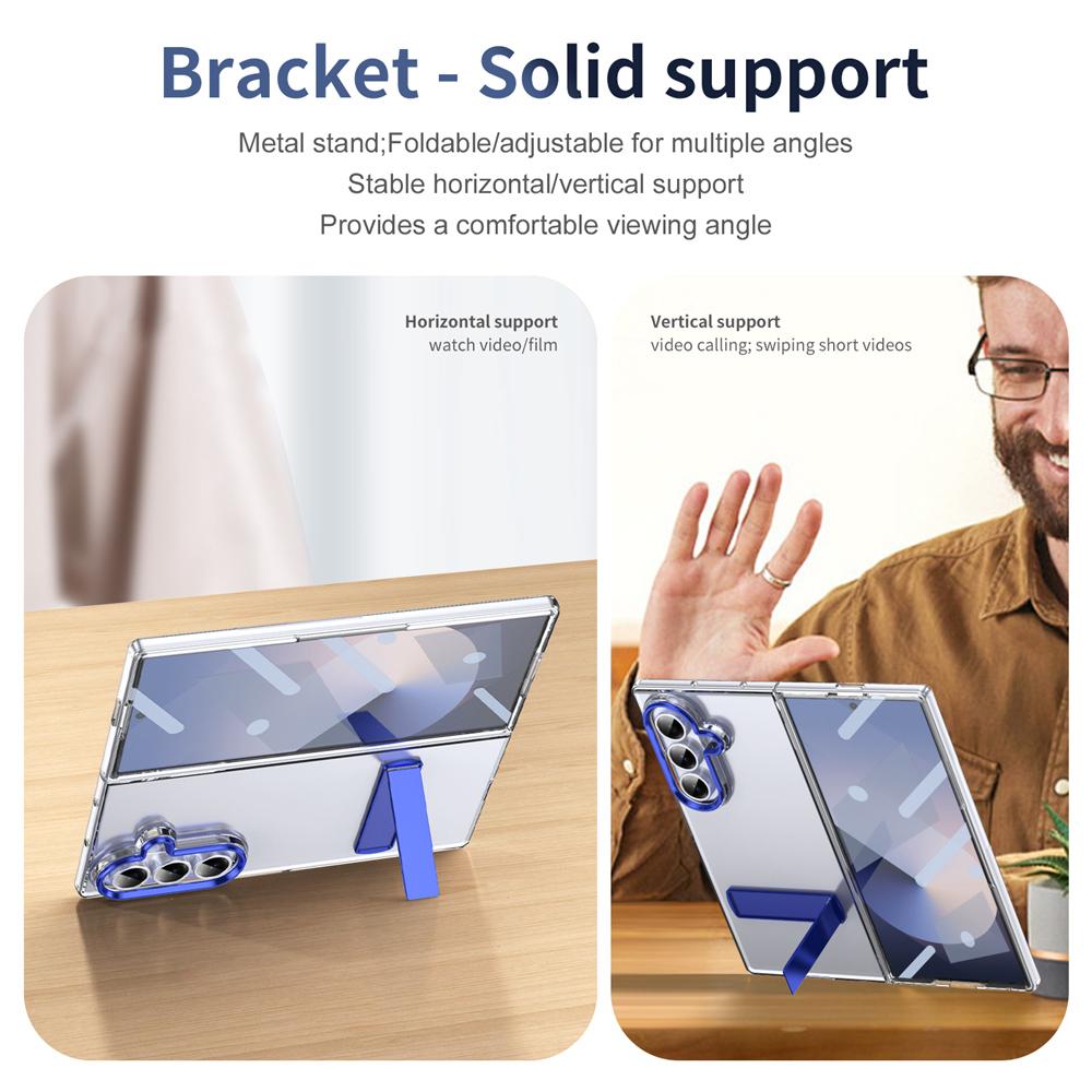 KEYSION Прозрачный чехол для Samsung Galaxy Z Fold 7 Жесткий ПК Металлическая подставка Противоударная крышка для телефона со стеклянной защитной пленкой для экрана