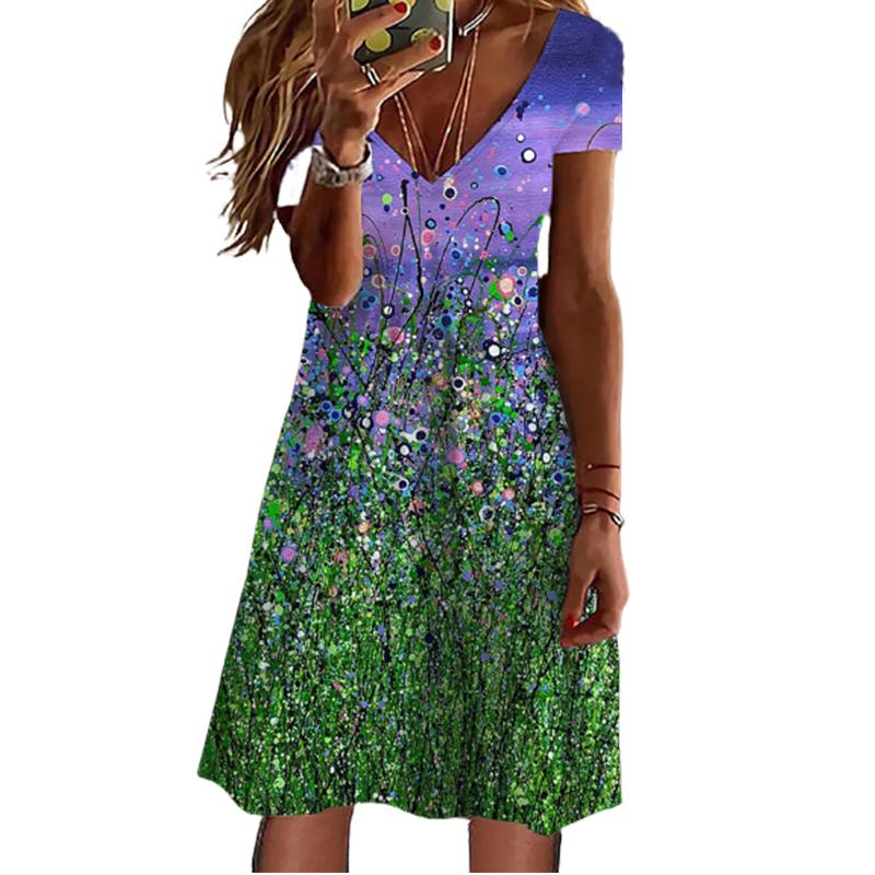 Летнее модное платье с v-образным вырезом, женское платье с коротким рукавом, синее платье с морским принтом, свободное повседневное платье для женщин