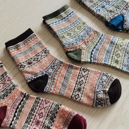1/5 пары мужских зимних носков средней длины с теплоизоляцией в этническом стиле для дома и спальни, носки-тапочки с цветными блоками, противоскользящие, вязаные, повседневные