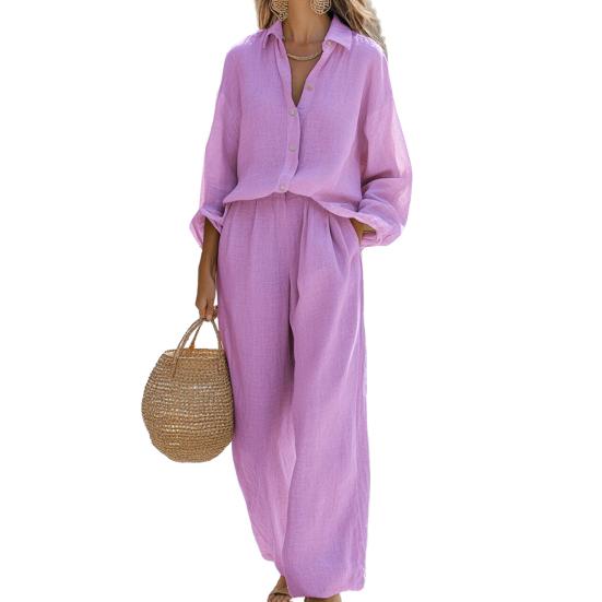 Женский повседневный костюм из двух частей: футболка с длинным рукавом на пуговицах и брюки с широкими штанинами. Осенне-весенний комплект для отдыха.