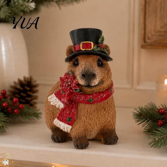 Small Garden Statues for Balcony Christmas Capybara Resin Figurine, Statue with Santa Hat Scarf Wreath, Cozy Interior Decor Pieces Cute Tabletop