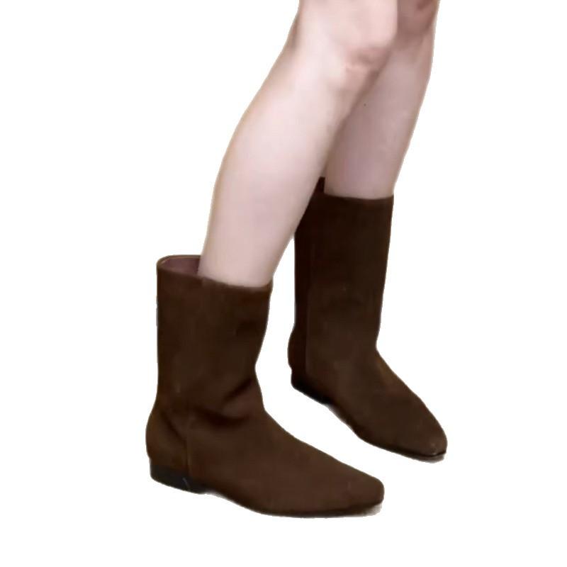 Версия из коровьей кожи~ Новые осенне-зимние ретро ковбойские сапоги для женщин, замшевые плоские короткие сапоги цвета майард для женщин