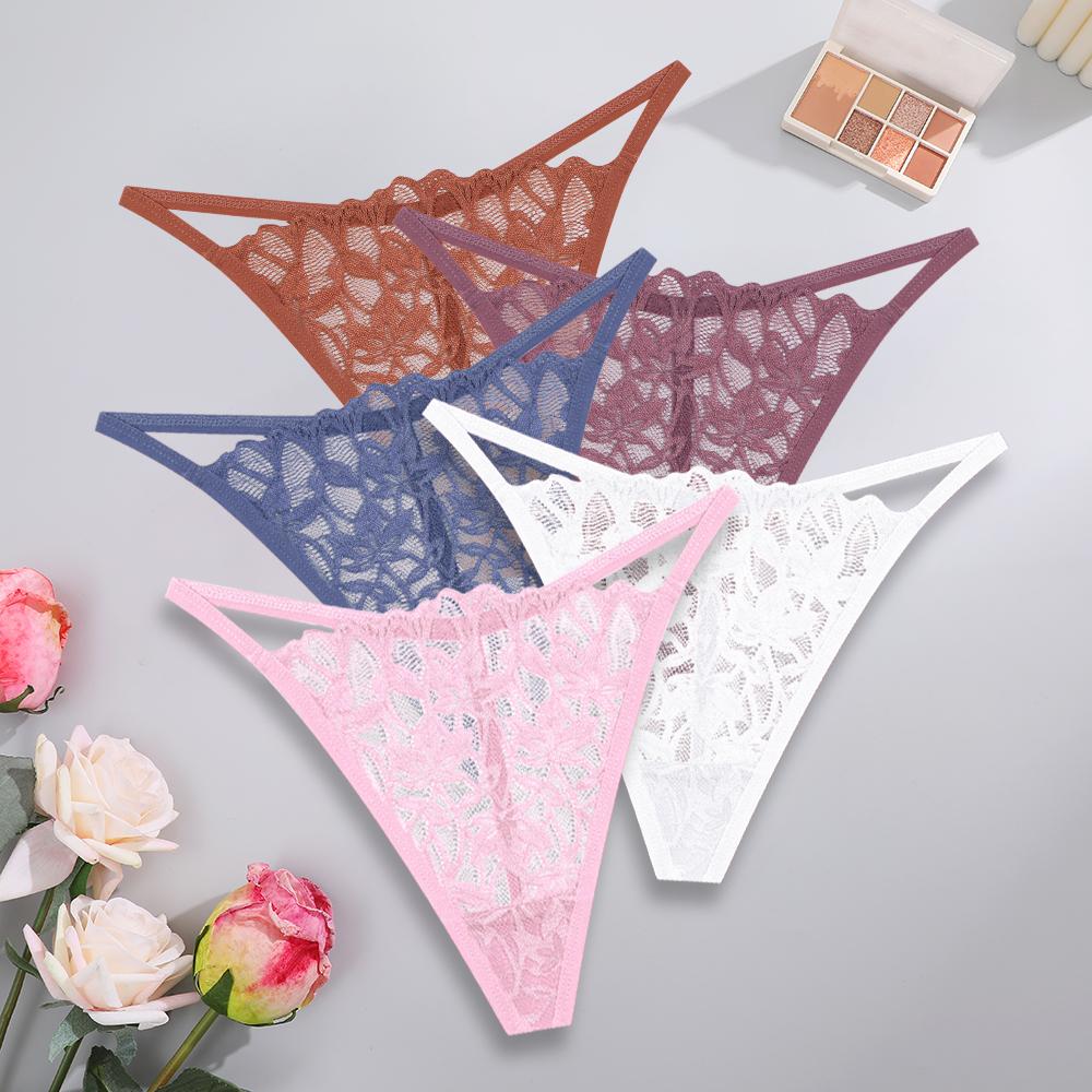 5PCS/Set Women Sexy Lace Thongs G-String T-Back Underwear Female Breathable Underpants Floral Lace Solid Color Panties S-XL