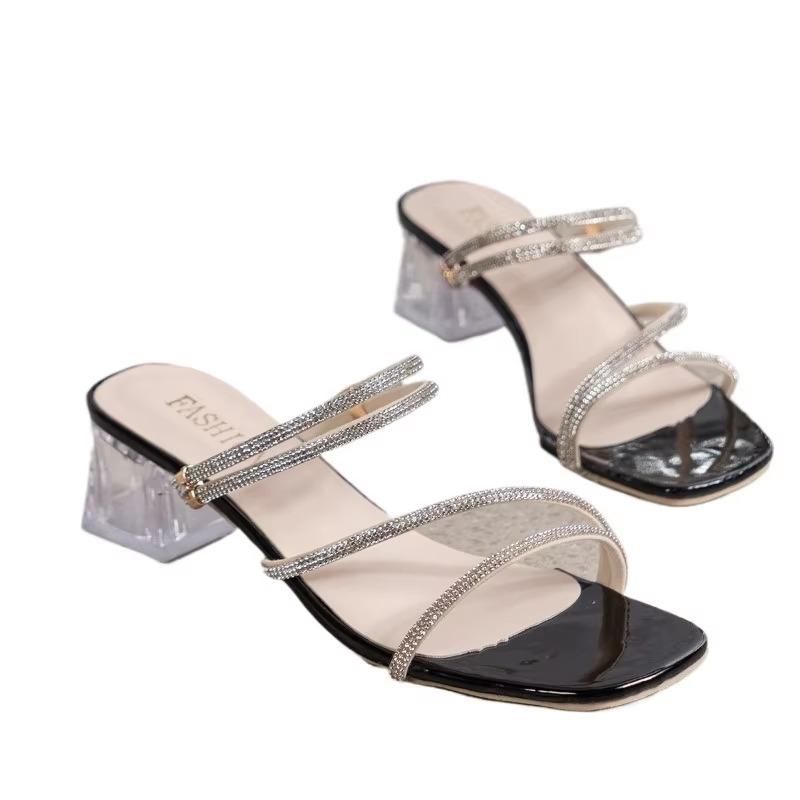 Обувь больших размеров для женщин с открытым носком, женские босоножки, модные сандалии для платья, женские с кристаллами, квадратный носок, средний каблук, современные тапочки