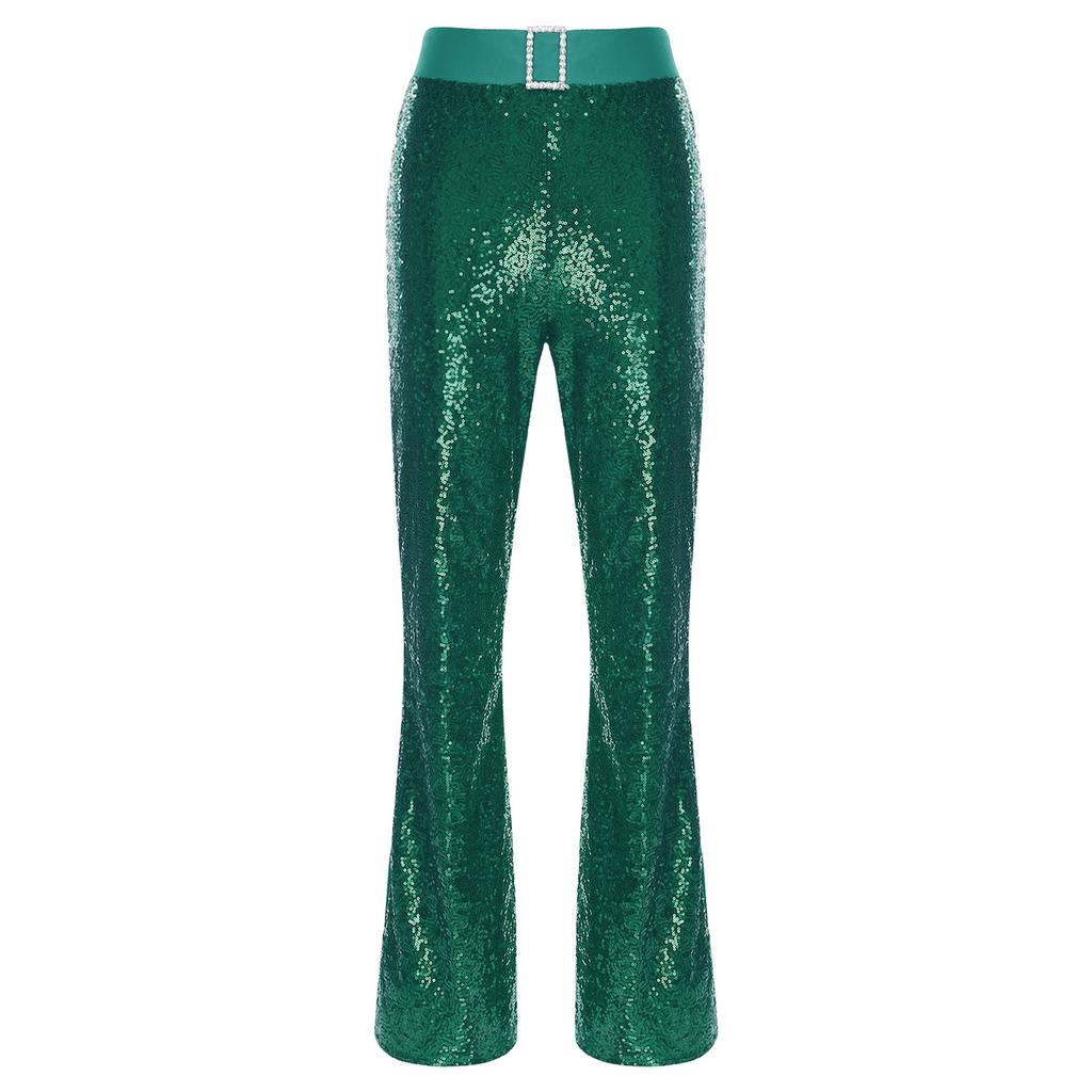 Womens Glittery Sequin Jazz Dance Pants Flared Design Elastic High Waist Rhinestone Decor Bell Bottom Trousers
