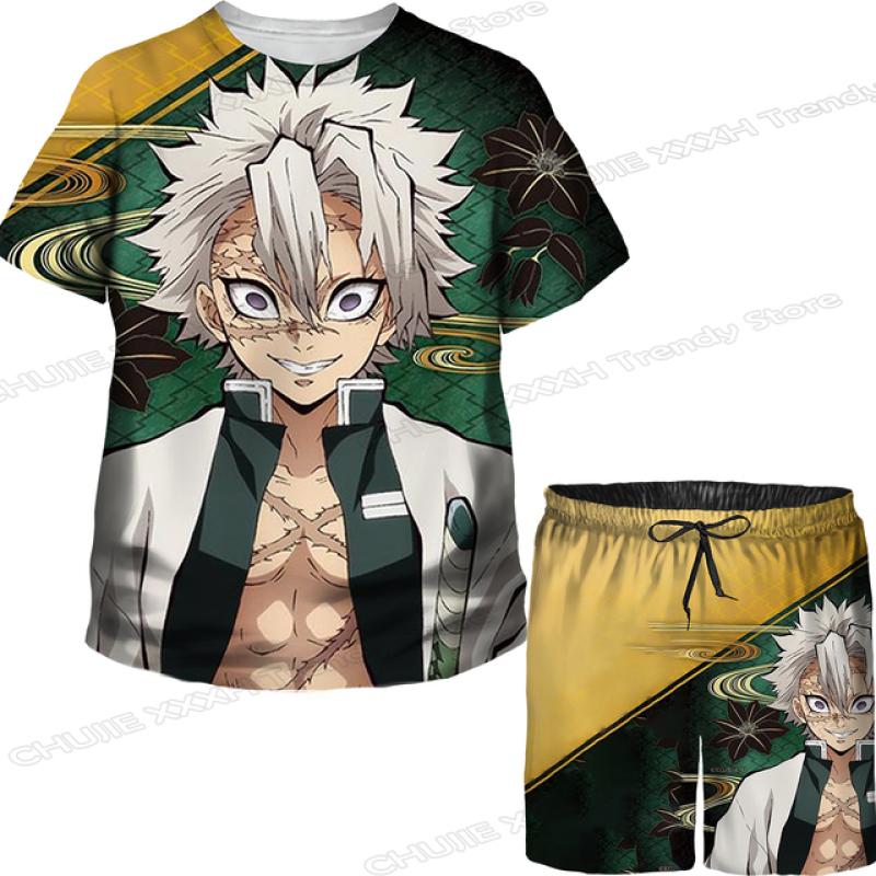 Детские топы/брюки/костюм с 3D принтом японского аниме «Убийца демонов» для девочек Kimetsu No Yaiba Tomioka Giyuu, комплект футболок и шорт с мультяшным рисунком