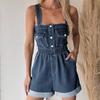 Women Summer Denim Overalls Ladies Spaghetti Straps Elastic Waist Jeans Short Jumpsuits and Rompers With Poackets