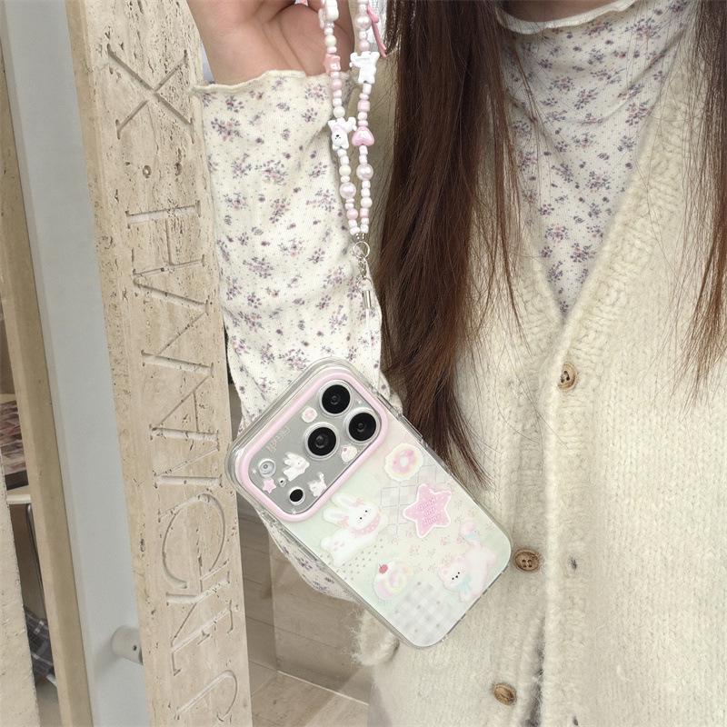 Girly Heart and Flower Patchwork Rabbit Puppy Phone Case for iPhone 17/16 Pro Max/15 Pro.