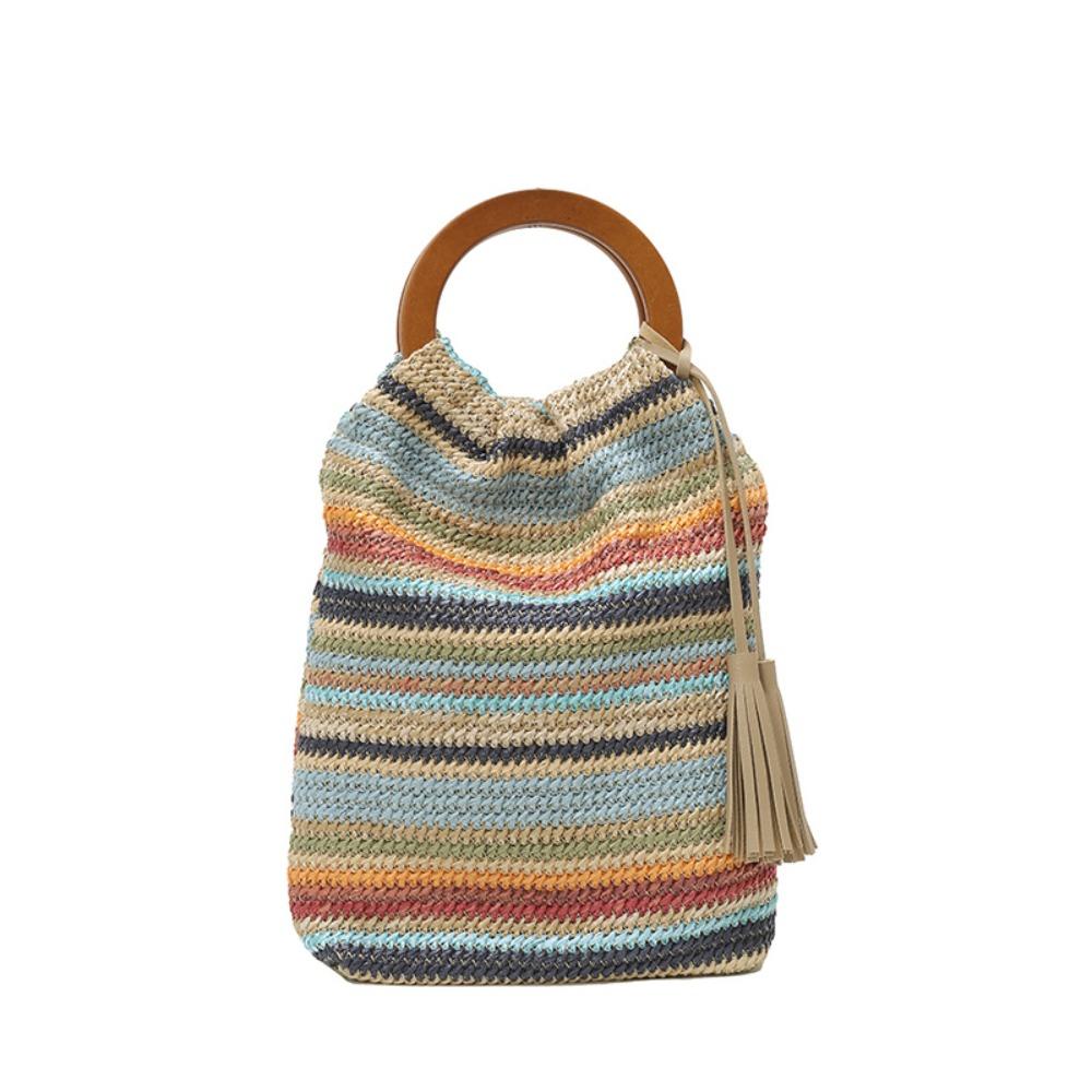 Hollow Out Rainbow Woven Handbag Bohemian Style Underarm Bag Simple Summer Bucket Bag  Holiday