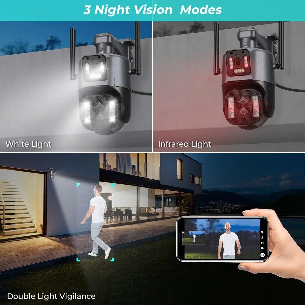 Новая уличная камера 12 Мп, 6K, Wi-Fi, PTZ, тройной объектив, двойной экран, 10-кратный гибридный зум, автоматическое отслеживание, водонепроницаемая камера безопасности, водонепроницаемая защита безопасности