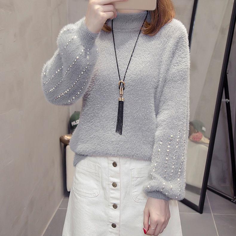 Нечеткий свитер для женщин, бархатный свитер из искусственной норки, женский пуловер с бисером, нижняя рубашка, корейские свитера из мохера с высоким воротом и длинными рукавами