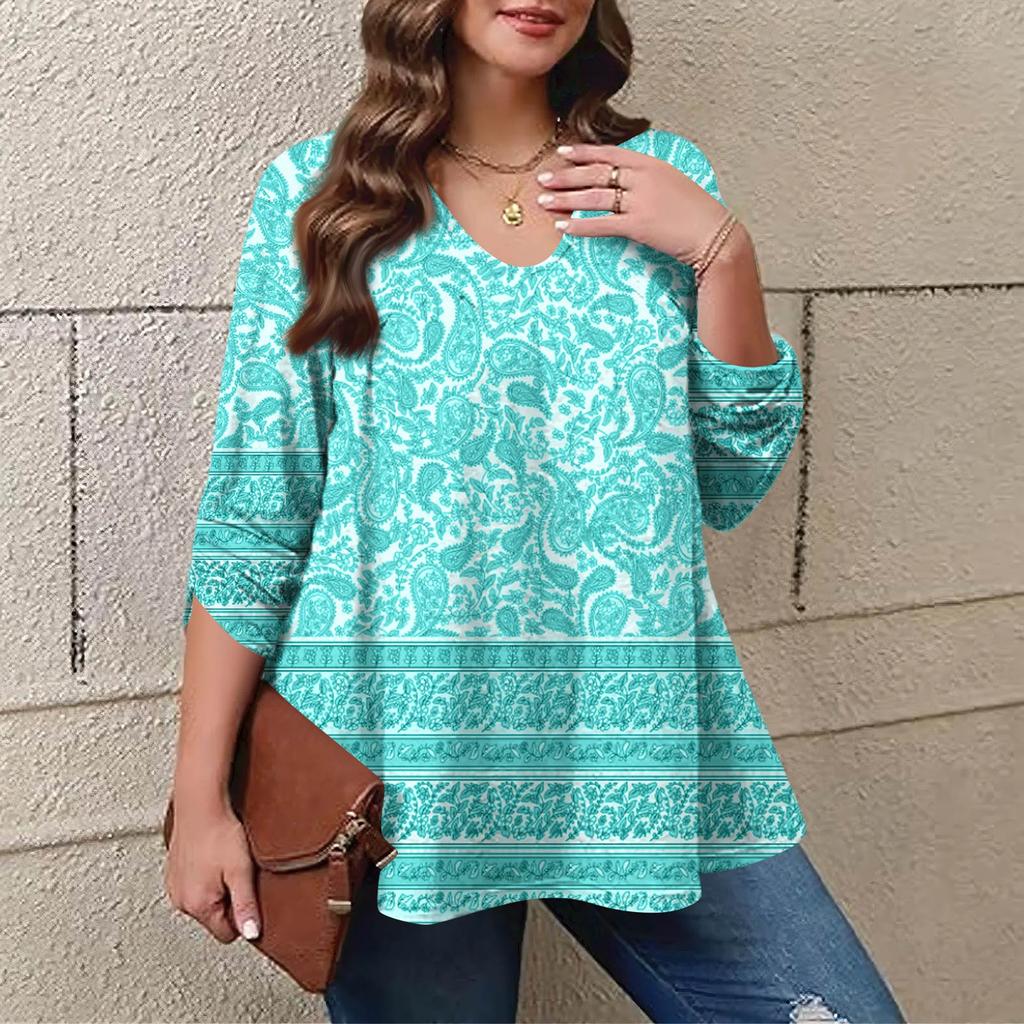 Women's Plus Size Fashion Printed Casual Pleated Round Neck Long Sleeve Top