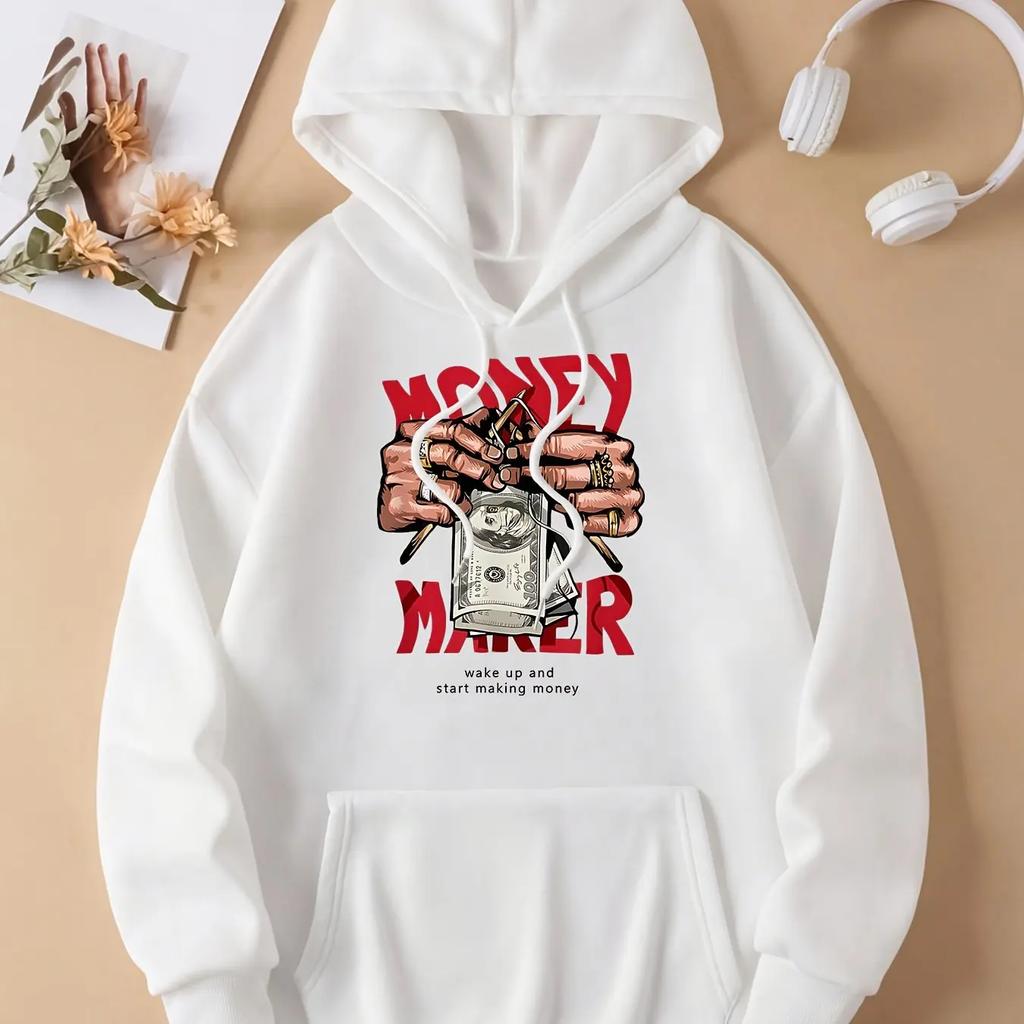 Kpop Trend Hustle Graphic Hoodie For Guys Wealth Cash Front Print Soft Korean Daily Oversized Hip Hop Hooded Top