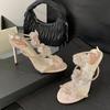Fashion Luxury Rhinestones Lace Flowers Decor Women Gladiator Sandals Fashion Narrow Band Ankle Strap High Heels Summer Party Prom Shoes