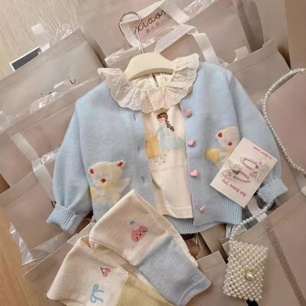2024 Autumn Korean Style Girls' Rabbit Knit Cardigan & Sweater Set